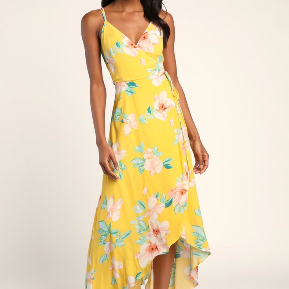 Yellow Floral Wrap Hi-Low Dress